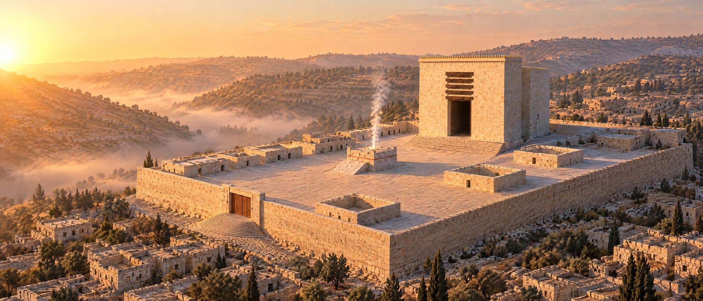 Reconstrucción: amanecer sobre las colinas de Judea, la plataforma del Templo sobre su cresta por encima de una ciudad de caliza; el Santuario de frente cuadrado, el altar bajo con una rampa lisa y una columna de humo recta.